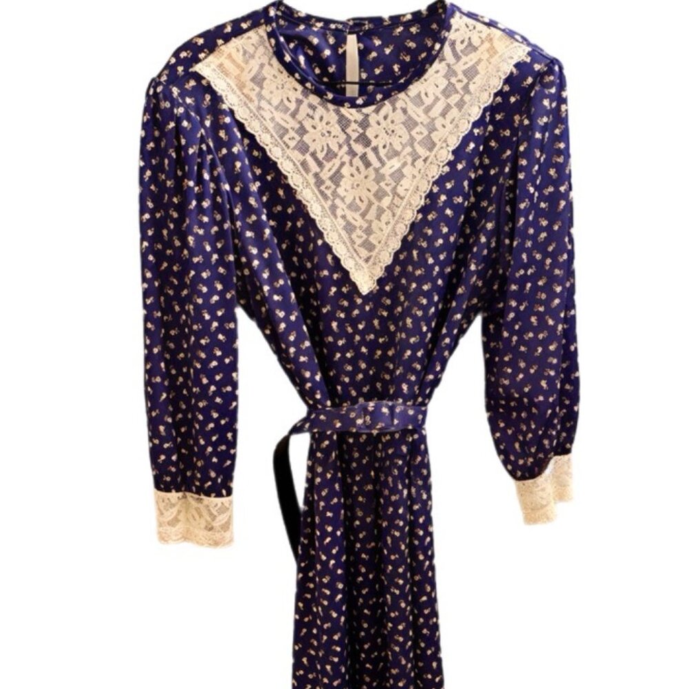 ASTOR Vintage Navy Blue Floral Dress Belted Lace Trim Collar Cuffs Long Sleeve M